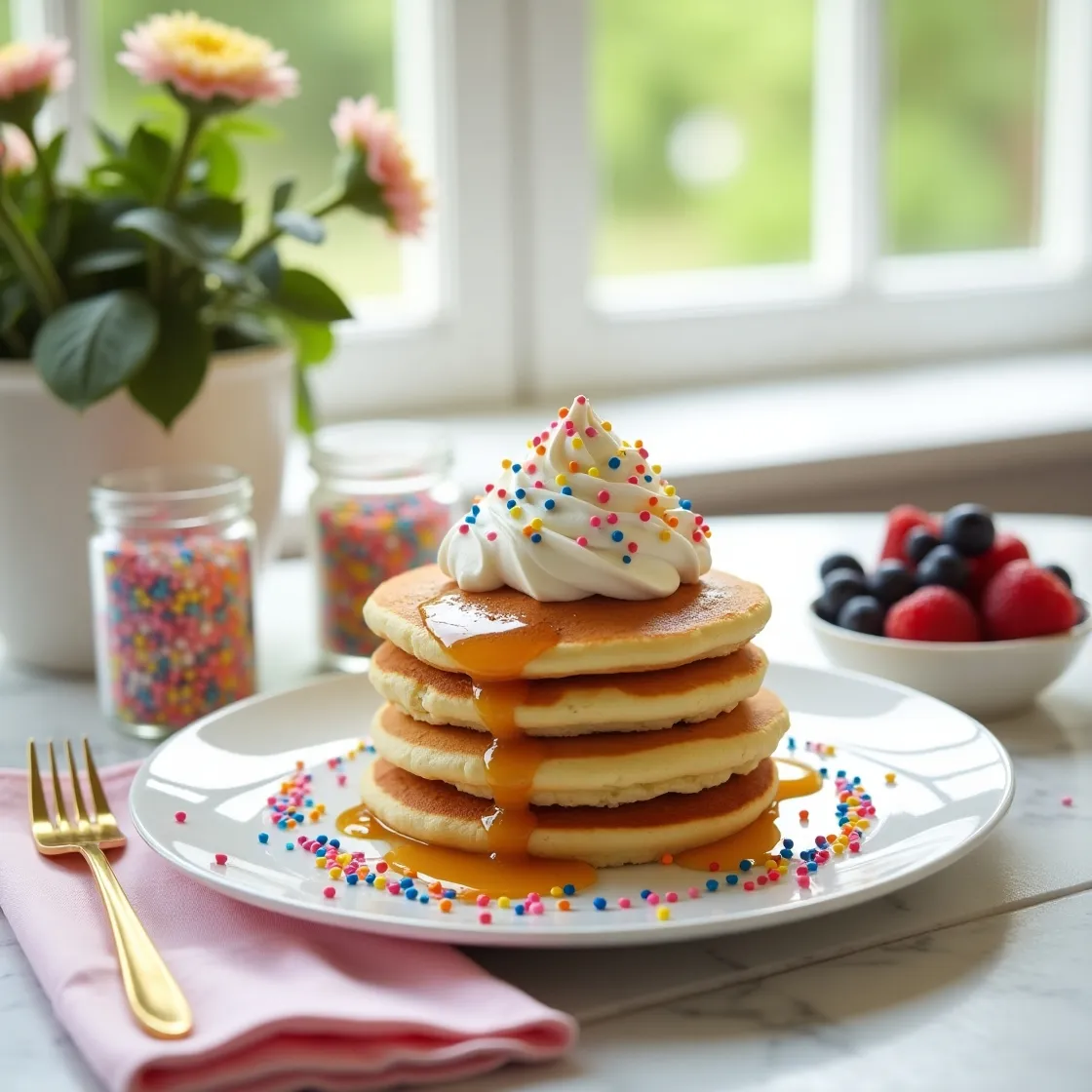 A stack of rainbow sprinkle-filled Funfetti pancakes with whipped cream and syrup on a sunny breakfast table with berries and festive decor.