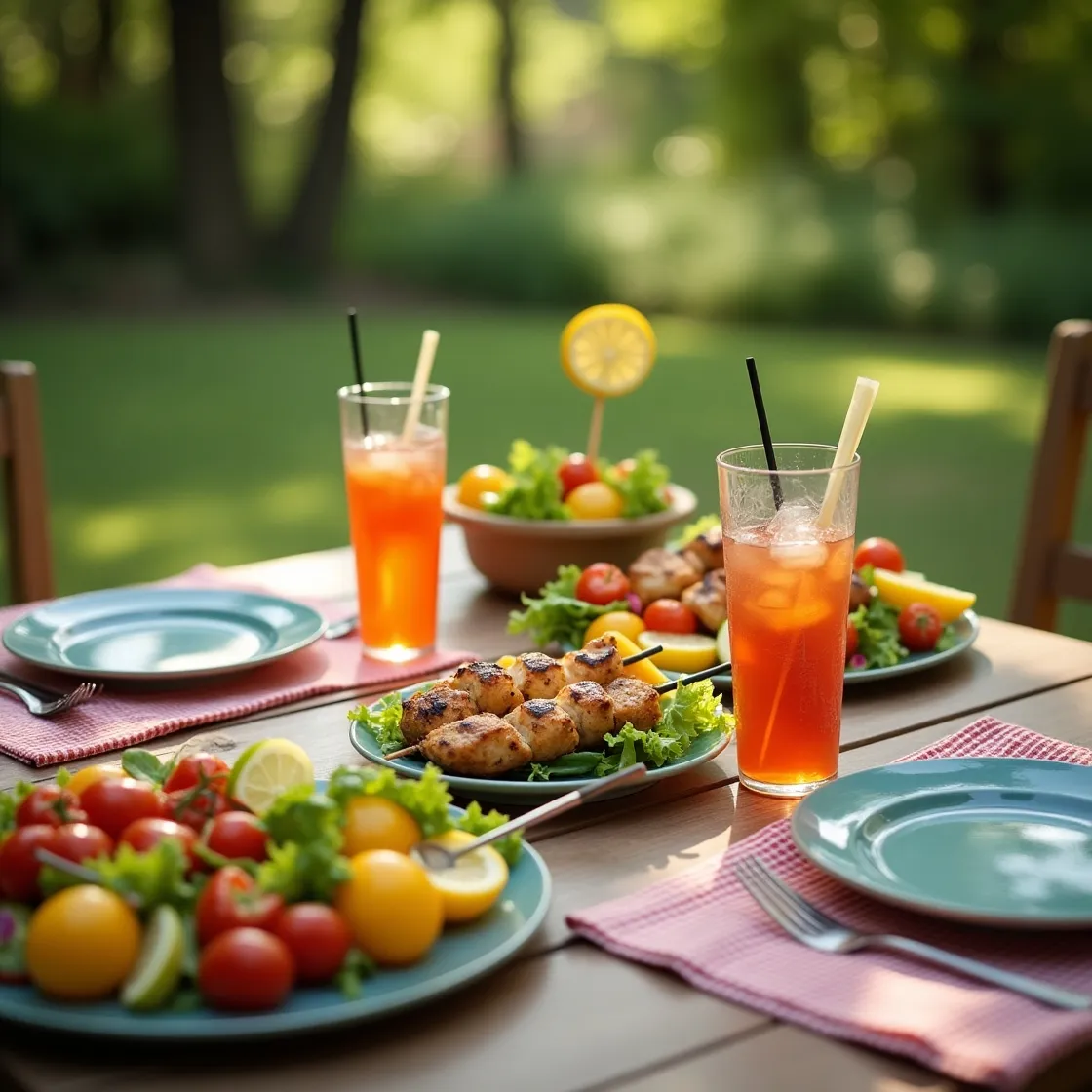 Outdoor summer dinner table with salads, grilled vegetables, chicken skewers, and iced drinks under sunlight.