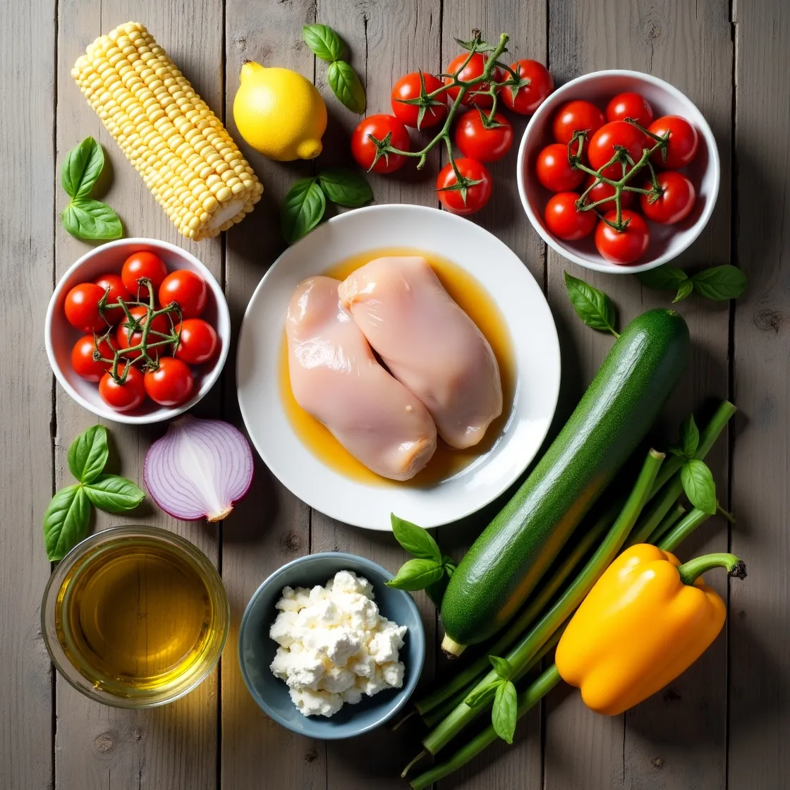Flat lay of fresh summer ingredients including chicken, corn, zucchini, cherry tomatoes, onion, basil, and lemon on rustic wood.