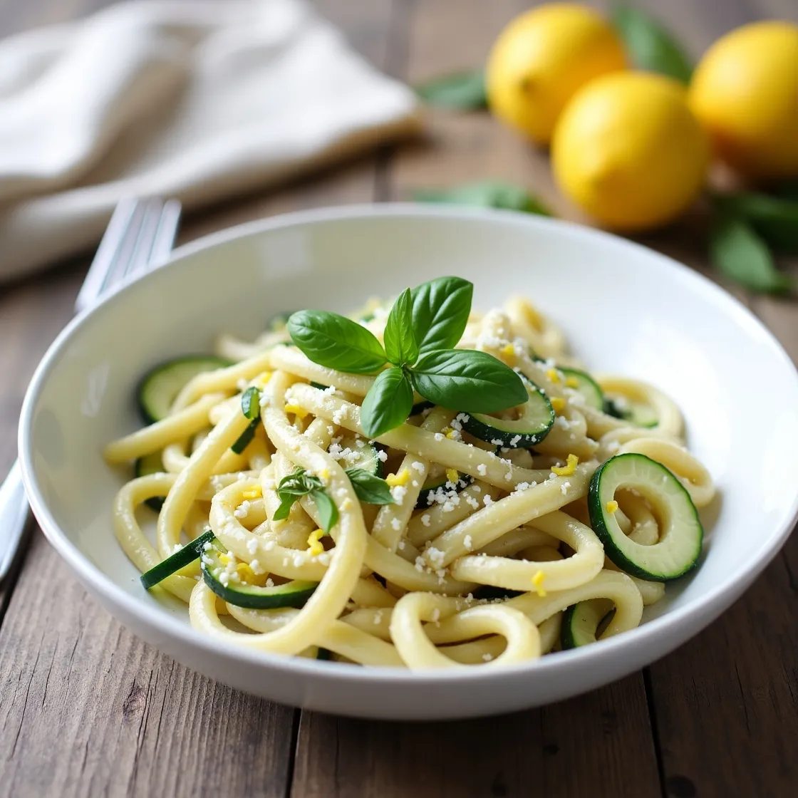Bowl of lemon zucchini pasta with ricotta, topped with basil and lemon zest, styled on a wooden table in natural light