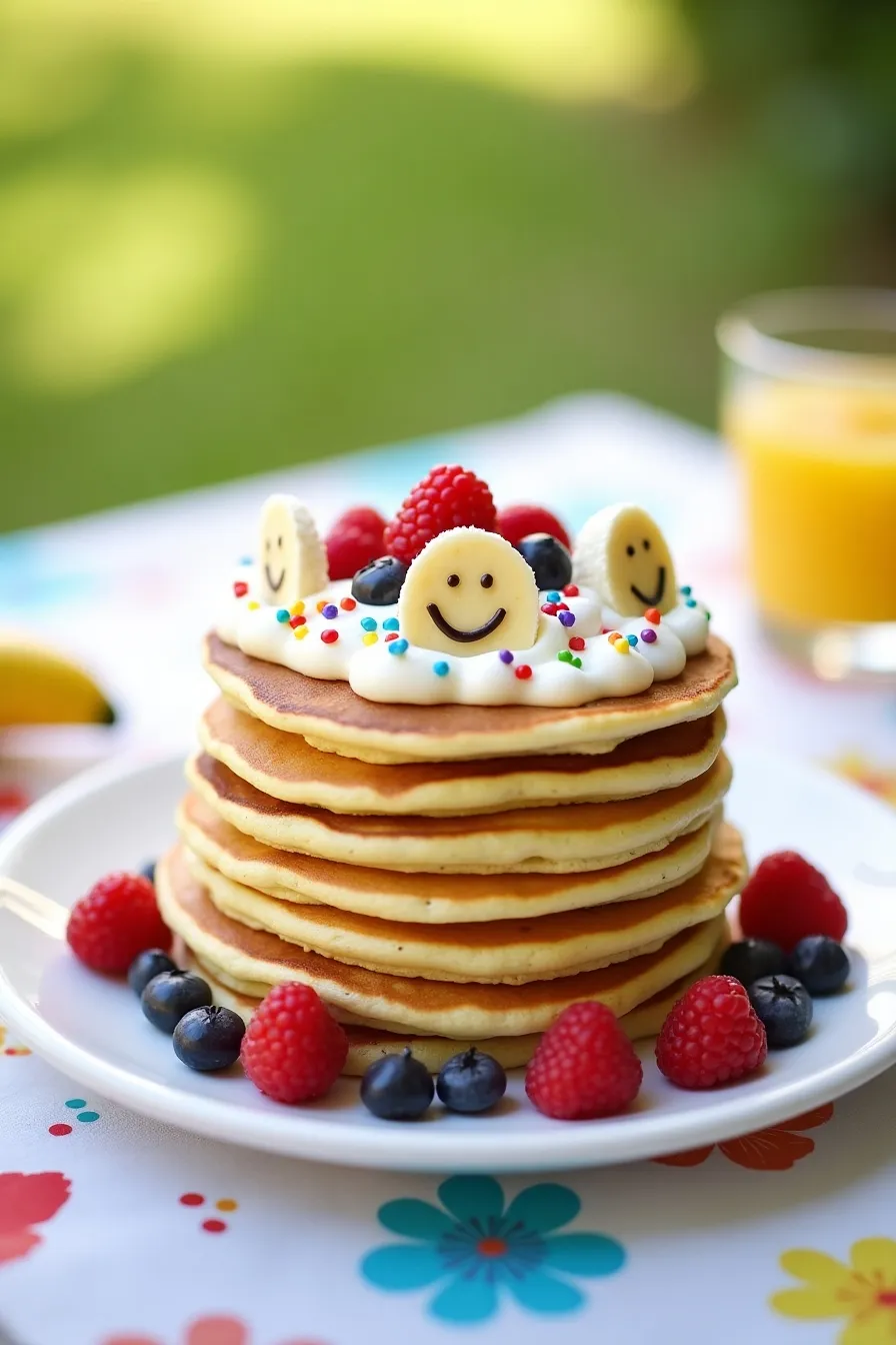 Pancake stack decorated with whipped cream, berries, sprinkles, and smiley face banana slices on a white plate.