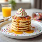 A stack of fluffy Funfetti pancakes topped with whipped cream, maple syrup, and rainbow sprinkles on a bright morning breakfast table.