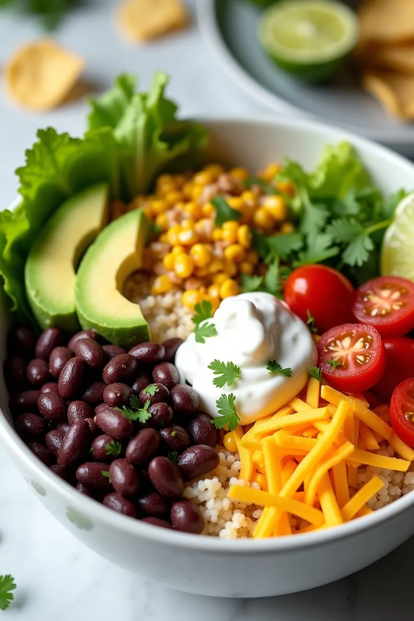Final dish of Black Bean Taco Bowl with fresh, vibrant toppings