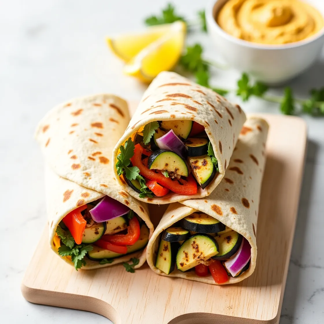 Grilled veggie wraps with hummus sliced open on a wooden board, featuring zucchini, red onion, bell pepper, and eggplant with lemon and herbs.