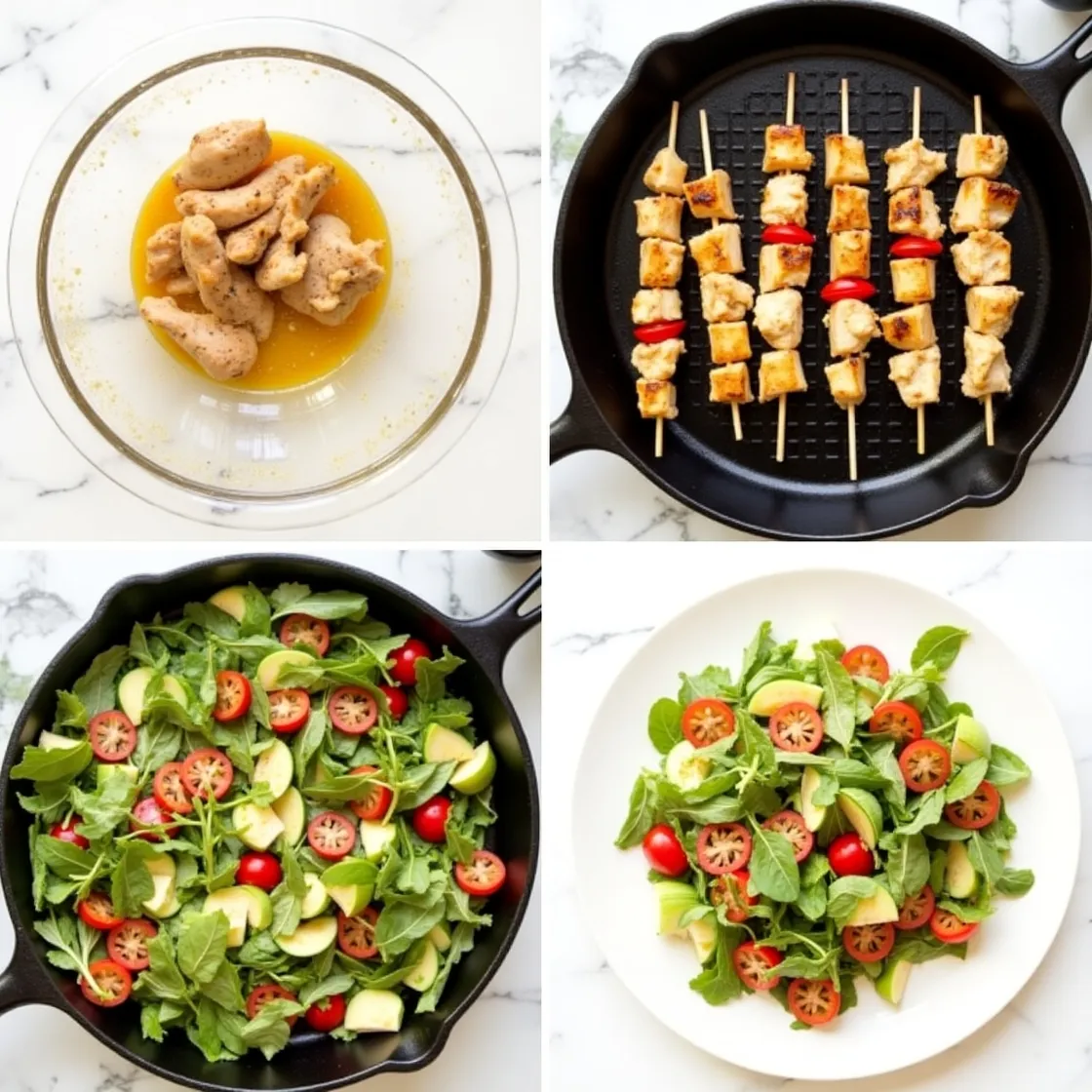 Collage of step-by-step summer cooking: marinating chicken, grilling skewers, tossing salad, and plating the meal in a clean kitchen.