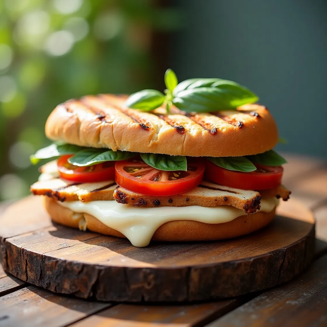 Caprese Pesto Chicken Panini – summer-lunch-recipe with grilled chicken, mozzarella, tomatoes, and fresh basil on toasted bread.