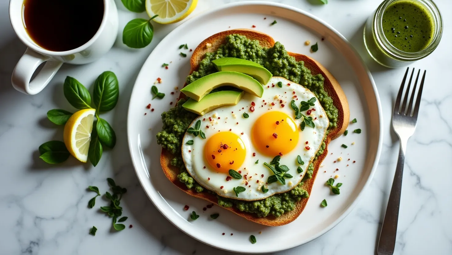 Pesto Eggs served on toast with avocado and chili flakes, styled for a professional food blog.