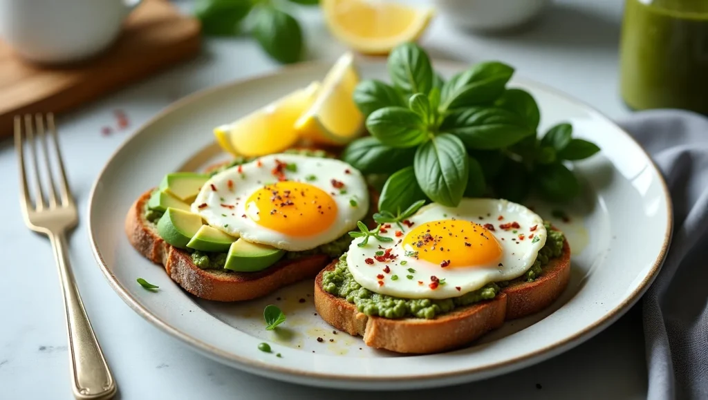 Pesto Eggs served on toast with avocado and chili flakes, styled for a professional food blog.