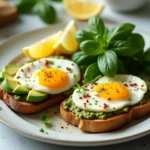 Pesto Eggs served on toast with avocado and chili flakes, styled for a professional food blog.