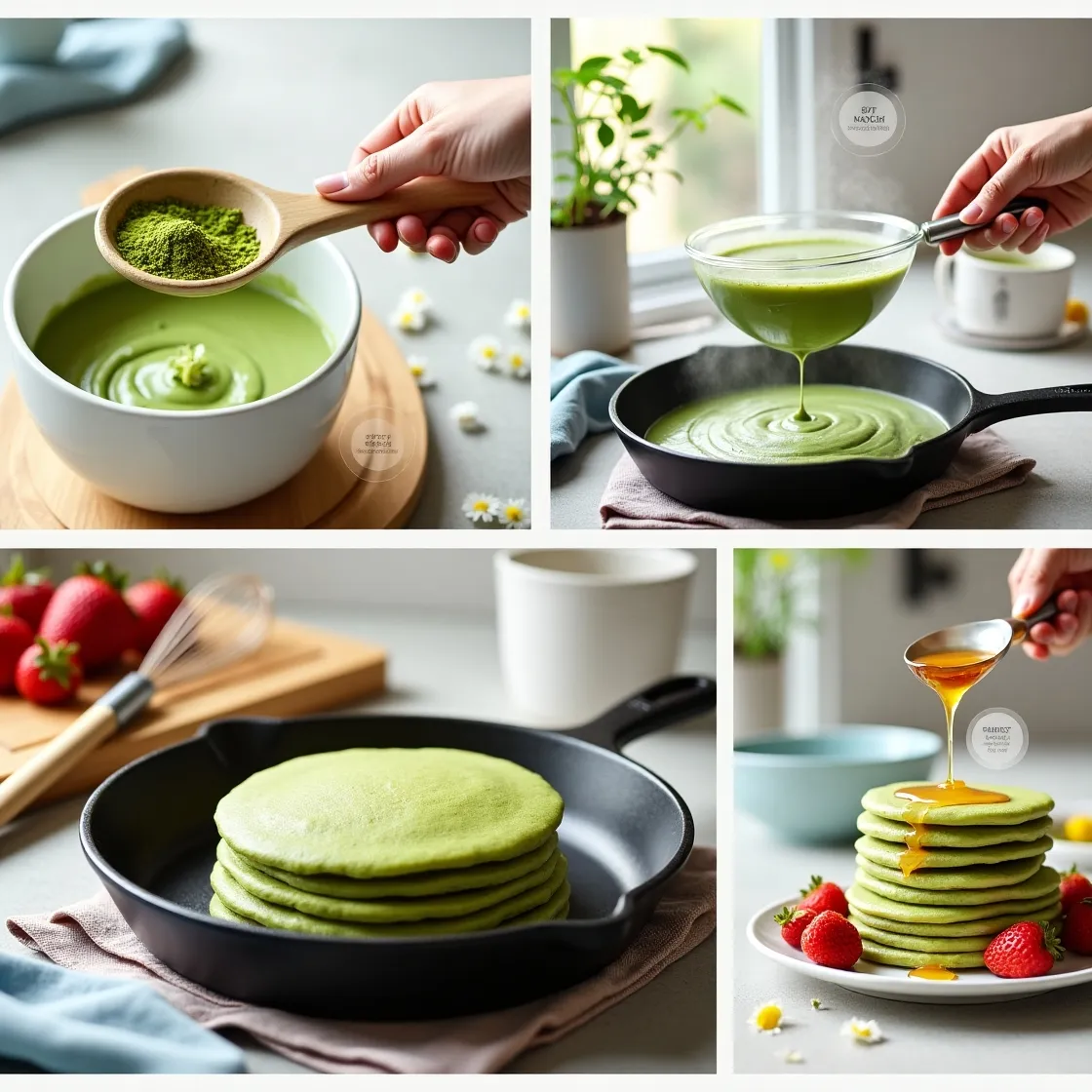 Step-by-step visual guide for perfect Matcha Pancakes showing proper sifting, batter consistency, temperature control and flipping technique.