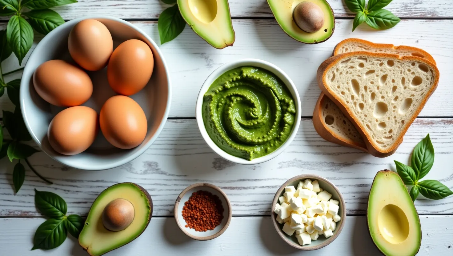 Key ingredients for pesto eggs including fresh eggs, green pesto, sourdough bread, avocado slices, chili flakes, feta cheese, and basil leaves.