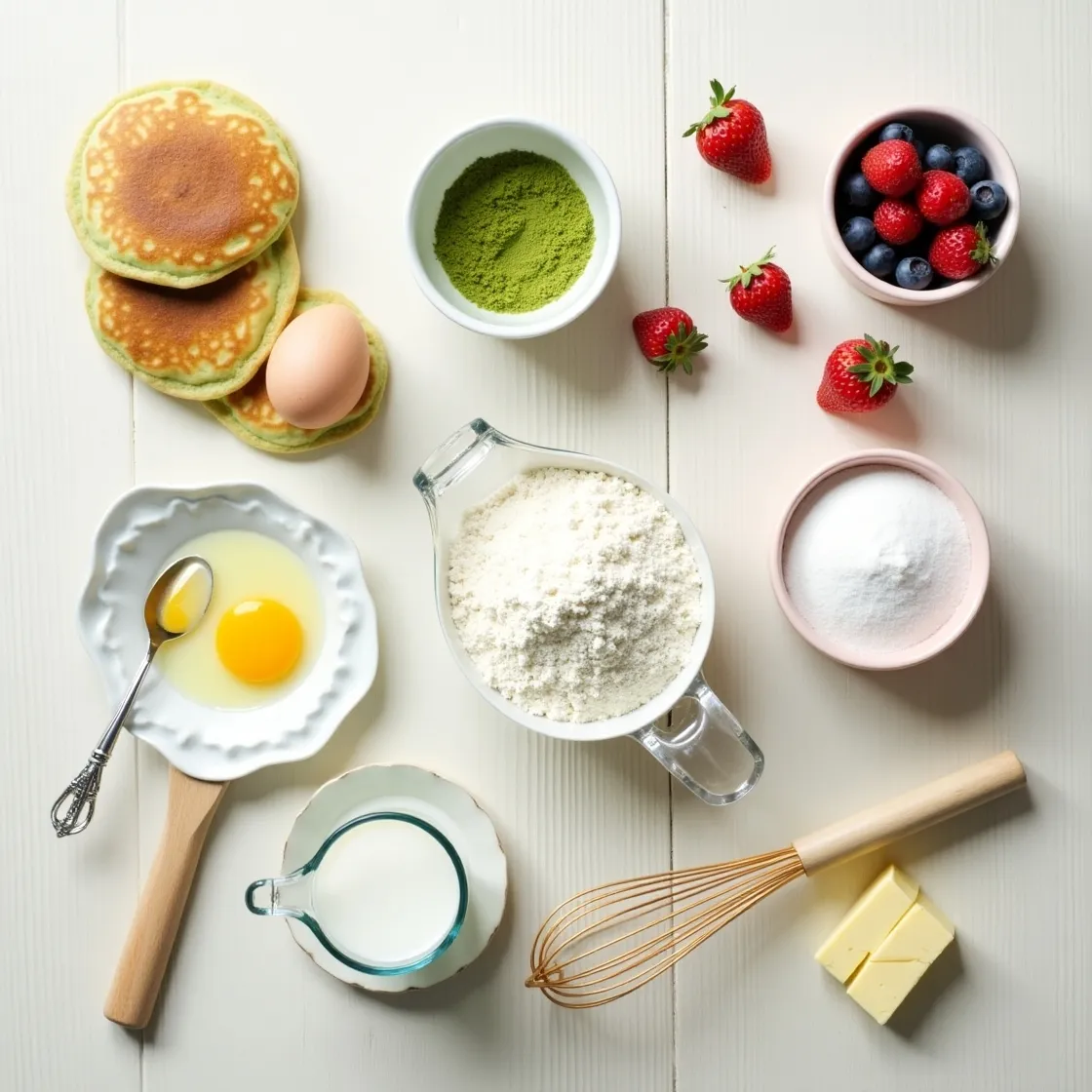 Key ingredients for fluffy Matcha Pancakes: matcha powder, flour, milk, egg, sugar, and fresh berries arranged on a wooden table.