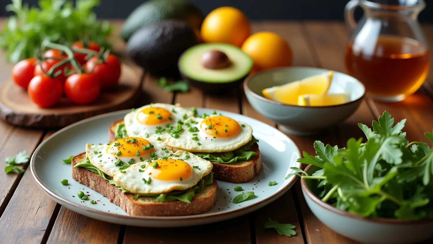 Pesto eggs on toast served with avocado slices, grilled tomatoes, fresh fruit, iced coffee, and a side salad on a rustic wooden table.