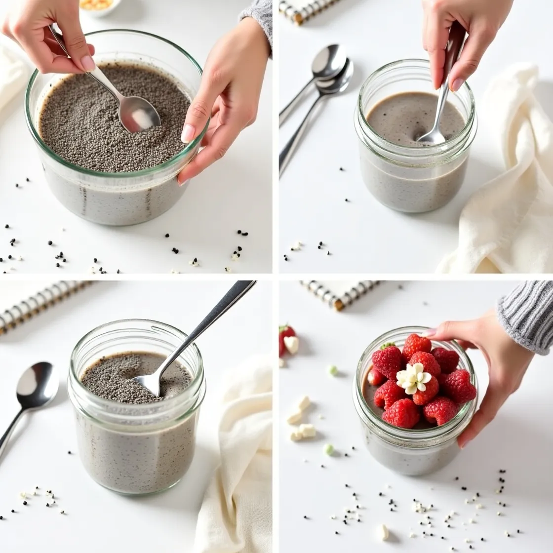 Visual tips for perfecting chia pudding, including texture checks and fruit toppings.