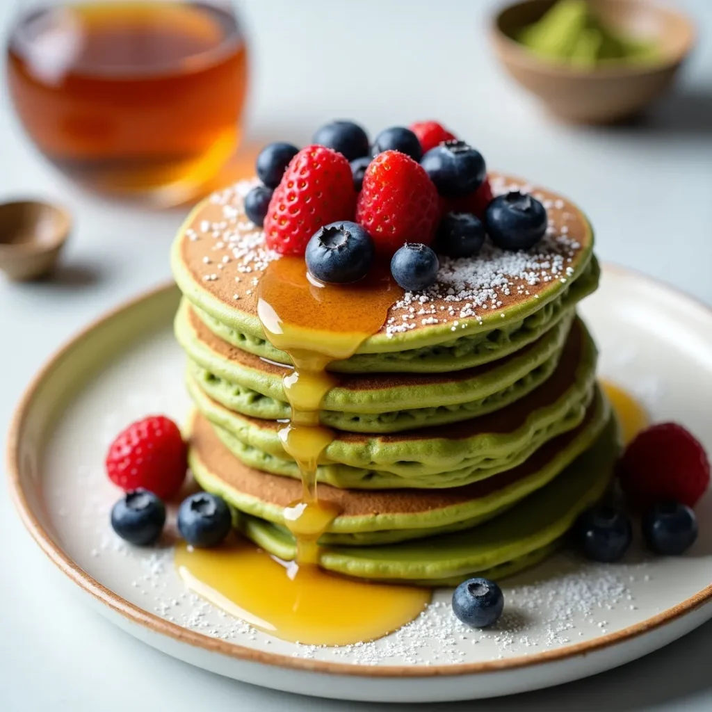 Fluffy Matcha Pancakes with berries and honey – quick 15-minute breakfast recipe