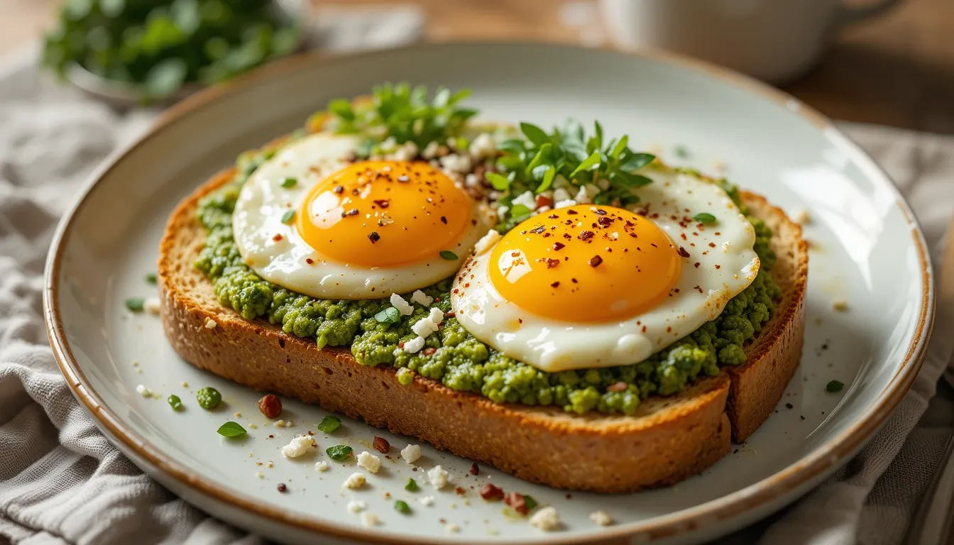 Final pesto eggs dish on sourdough toast topped with avocado, feta, and chili flakes, styled for a delicious and inspiring breakfast scene.