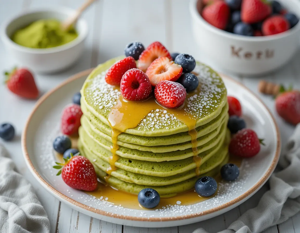 Golden honey-drizzled stack of fluffy Matcha Pancakes topped with fresh berries and powdered sugar on a white plate - easy 15-minute breakfast recipe