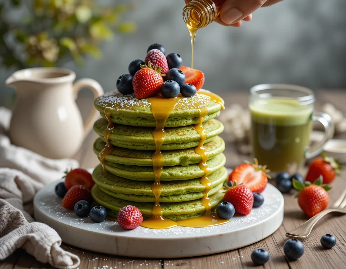 Fluffy stack of homemade Matcha Pancakes drizzled with honey and topped with fresh berries – an easy 15-minute gourmet breakfast.