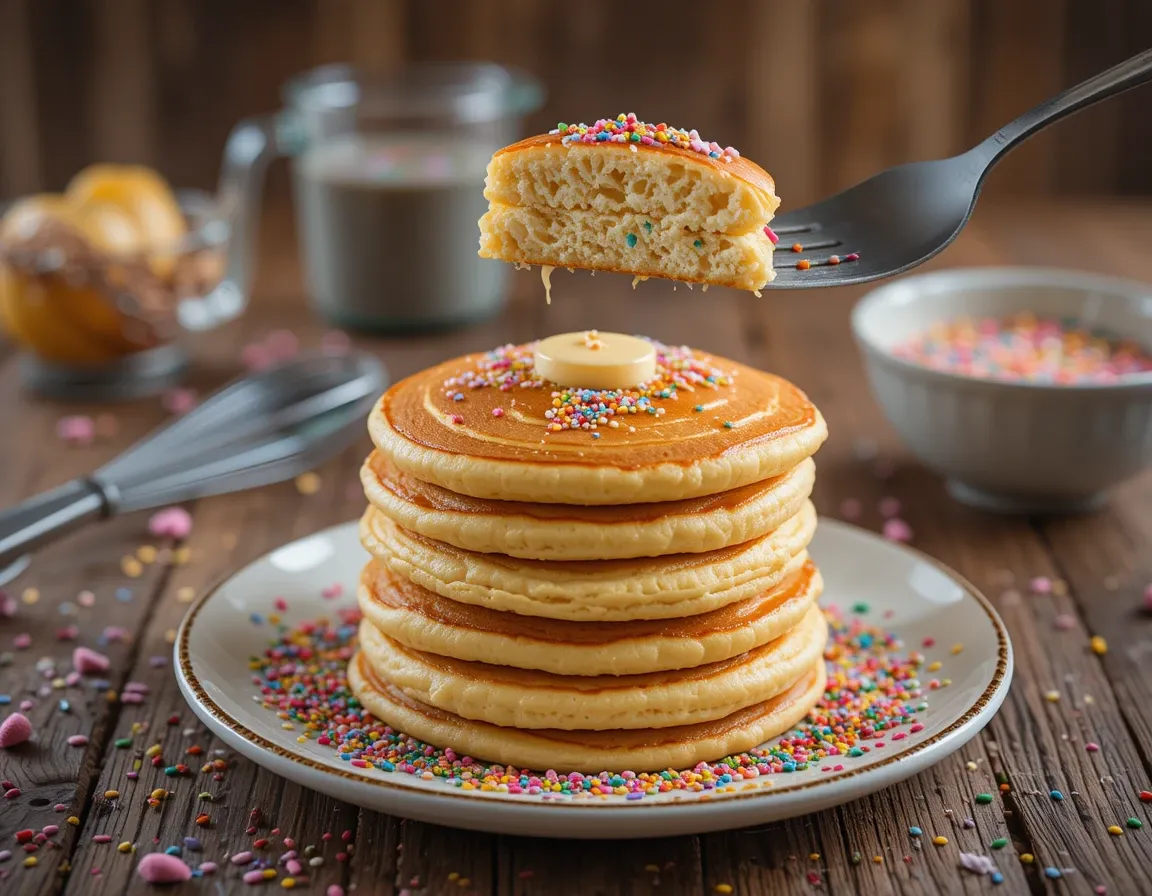 Close-up of a Funfetti pancake stack with a spatula lifting the top pancake, showing fluffy texture and rainbow sprinkles inside.