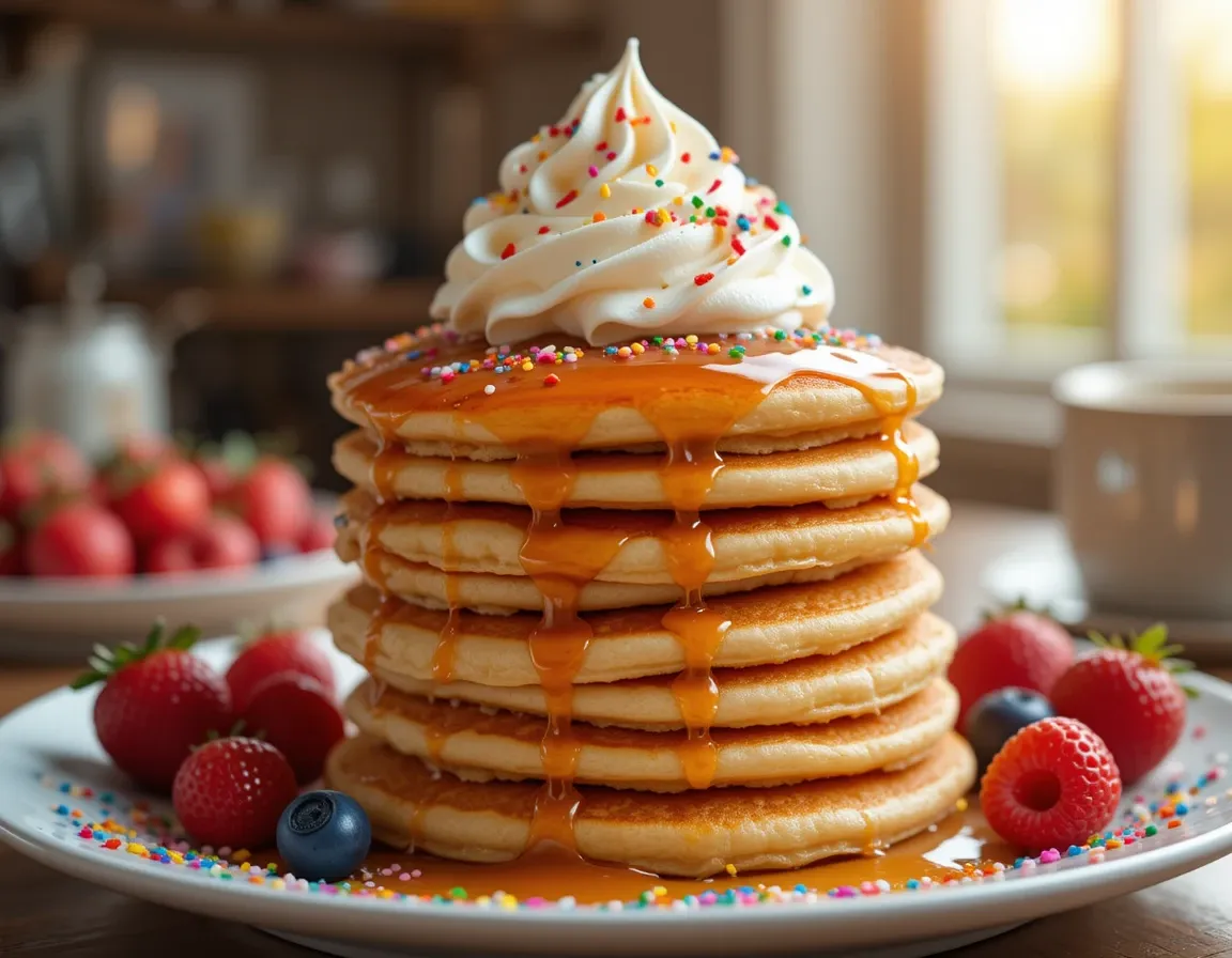 Close-up of a tall stack of fluffy Funfetti pancakes topped with whipped cream, maple syrup, and rainbow sprinkles, served with fresh berries.