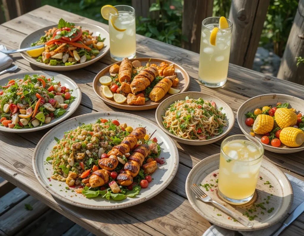 Outdoor summer dinners spread featuring grilled chicken, fresh salads, and lemonade on a rustic wooden table.