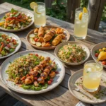 Outdoor summer dinners spread featuring grilled chicken, fresh salads, and lemonade on a rustic wooden table.