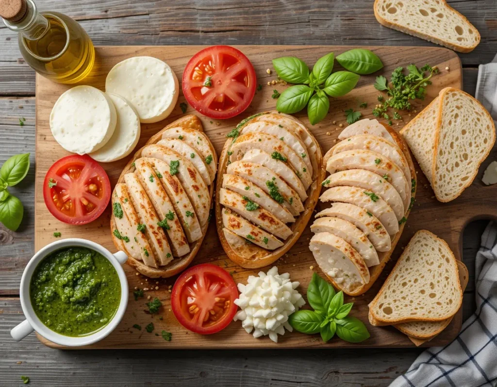 Caprese Pesto Chicken Panini ingredients beautifully arranged on a wooden cutting board for a summer-lunch-recipe.