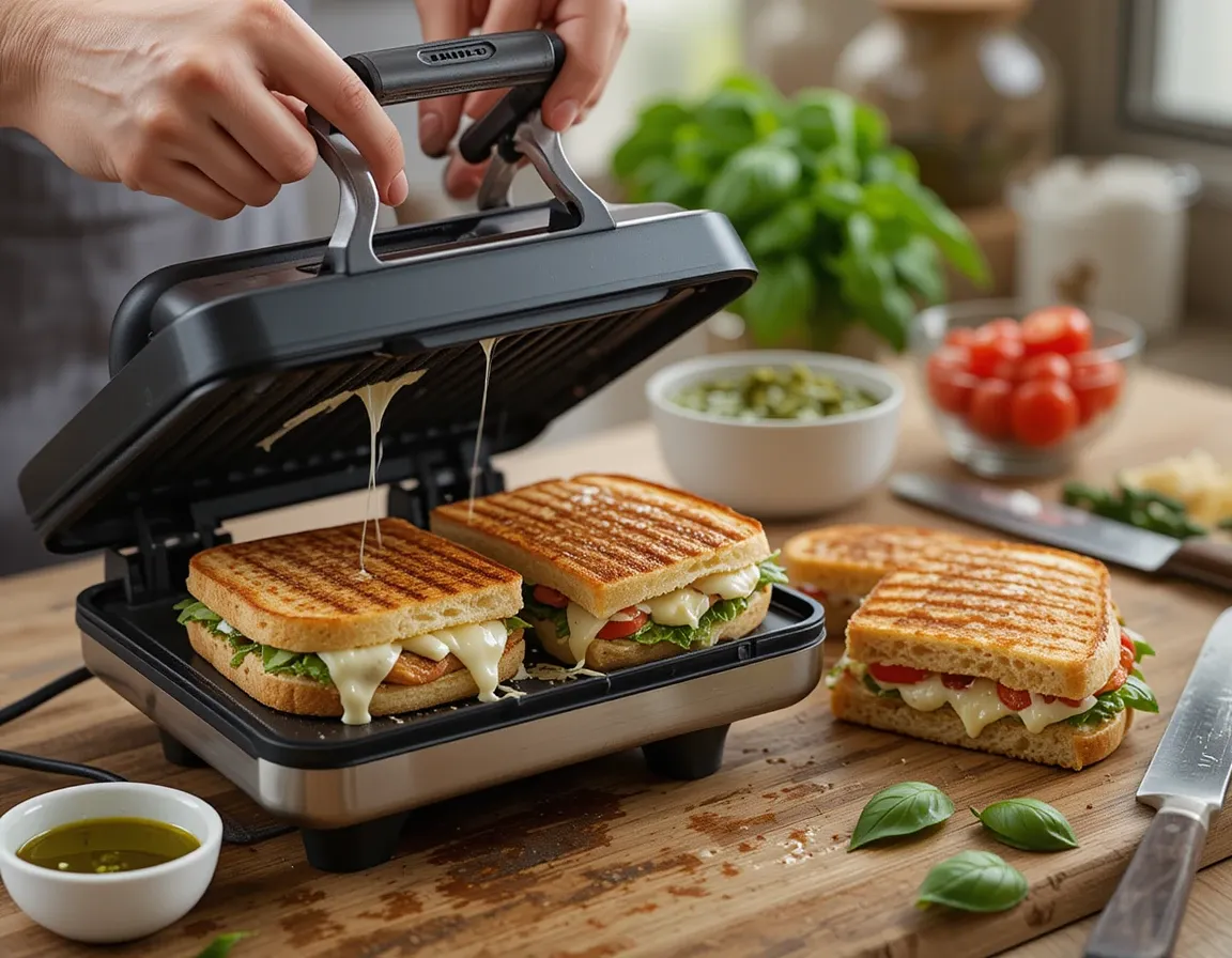 Tips for perfecting Caprese Pesto Chicken Panini, with grilled bread, melted cheese, fresh basil, and a panini press in action.