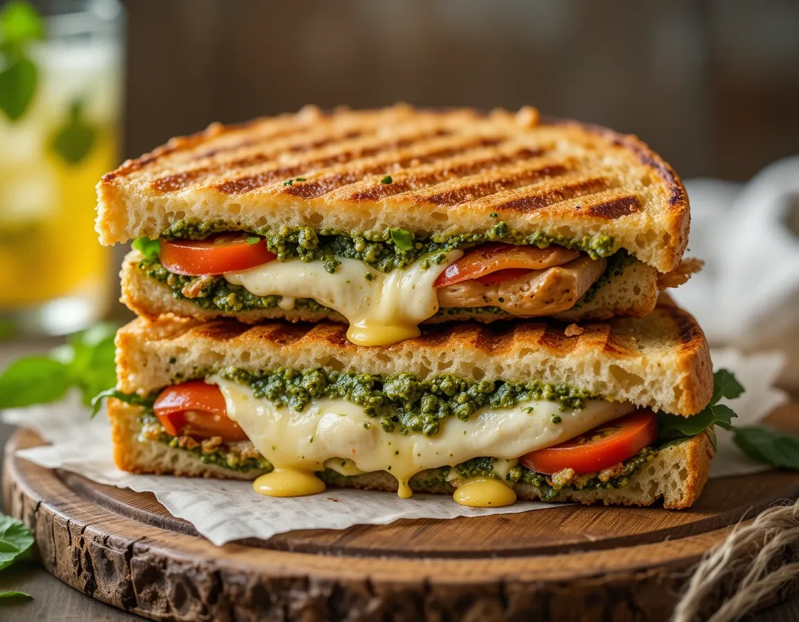 Final Caprese Pesto Chicken Panini served hot with melted cheese, grilled bread, and fresh basil—a must-try summer-lunch-recipe.
