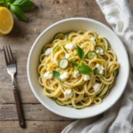 Lemon Zucchini Pasta with Ricotta served in a white bowl with lemon zest and basil on a rustic table