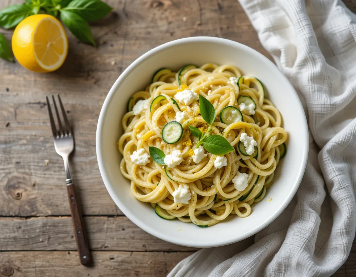 Lemon Zucchini Pasta with Ricotta served in a white bowl with lemon zest and basil on a rustic table