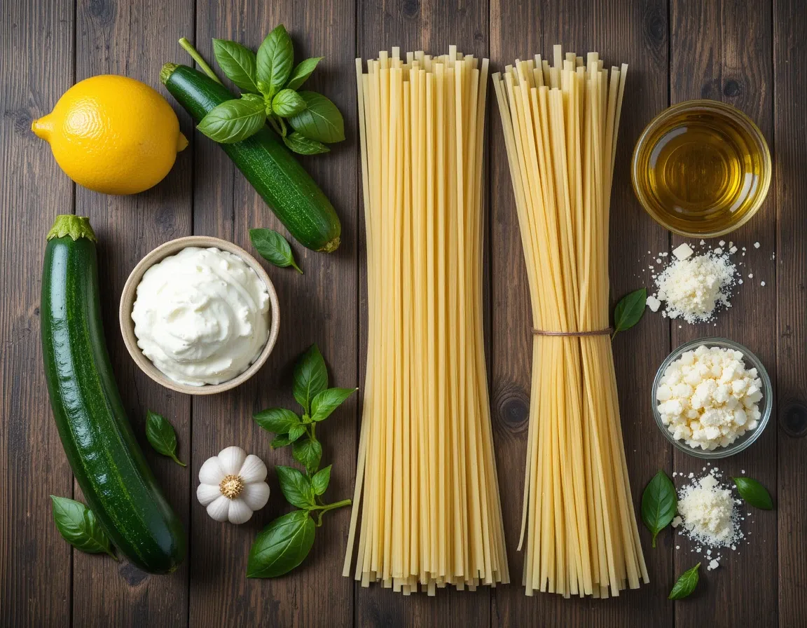 Fresh ingredients including zucchini, lemon, ricotta, pasta, and basil arranged on a wooden surface