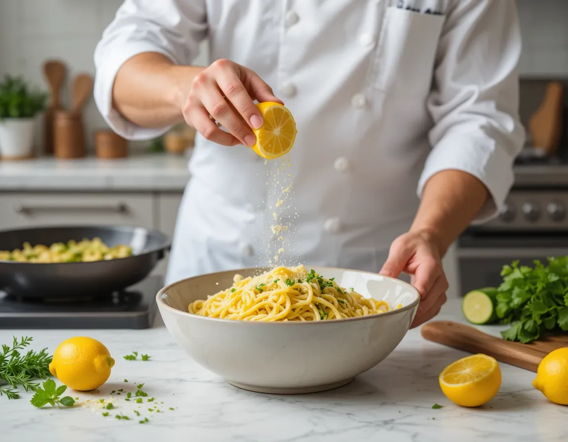 Chef zesting a lemon over pasta with sautéed zucchini in a bright kitchen, surrounded by herbs and cooking tools