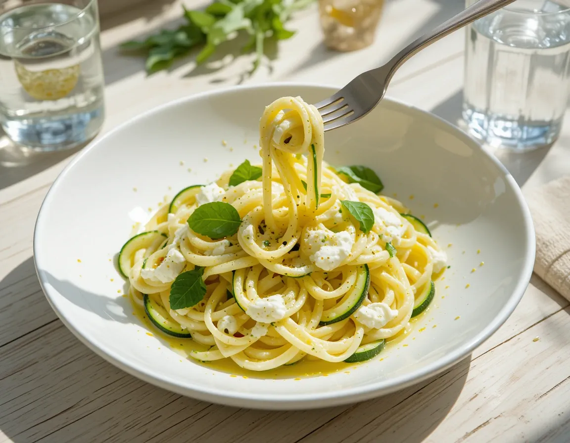 Creamy lemon zucchini pasta with ricotta served in a white bowl, topped with lemon zest and basil, styled for a fresh summer meal
