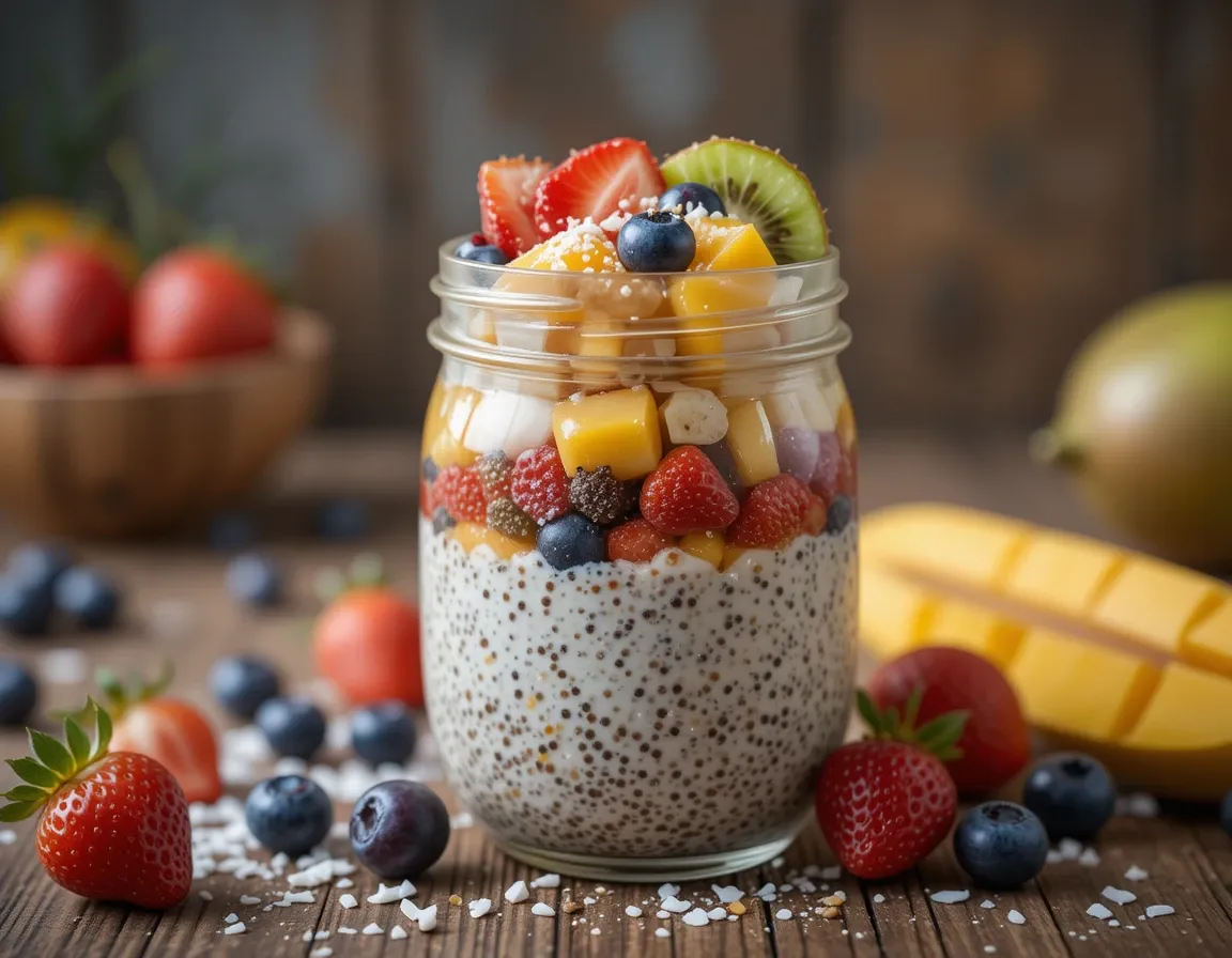 Creamy chia pudding with seasonal fruits like strawberries, mango, and blueberries, topped with coconut flakes and chia seeds – an easy healthy breakfast recipe