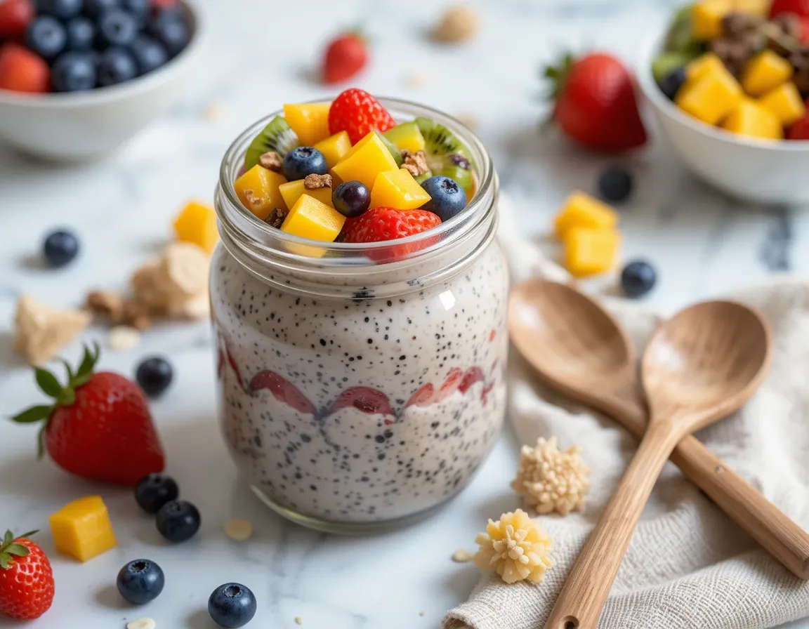 Chia Pudding with Seasonal Fruits served in a glass jar topped with mango, kiwi, and berries on a marble background.