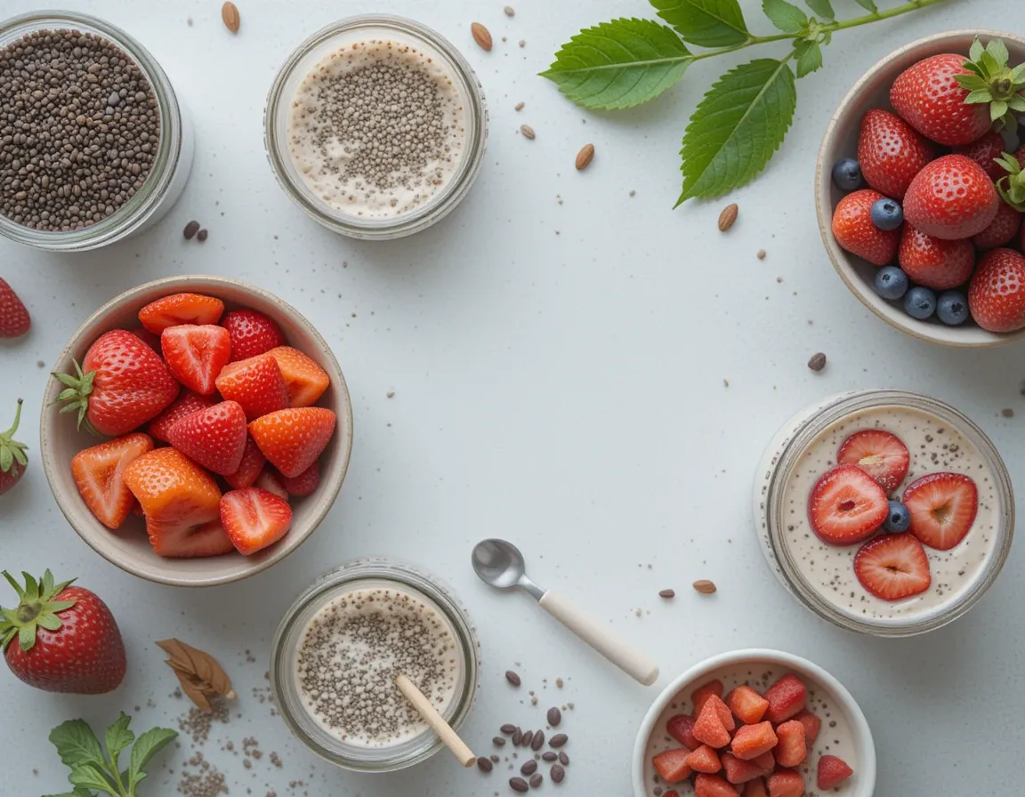Flat-lay of fresh ingredients styled for Chia Pudding with Seasonal Fruits.