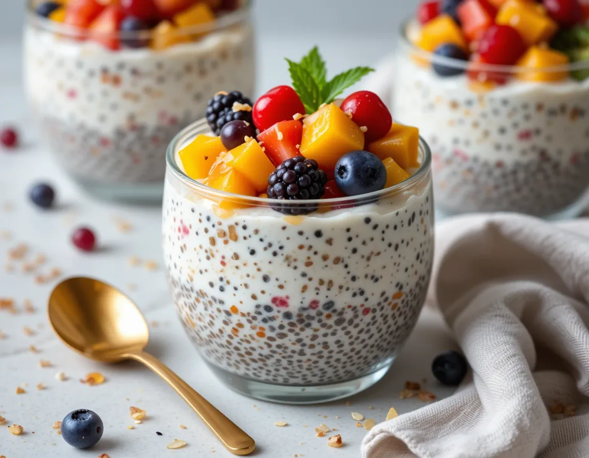 Final dish of Chia Pudding with Seasonal Fruits topped with vibrant fresh fruit in a glass jar.