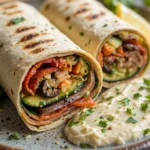 Grilled veggie wraps with hummus on a ceramic plate, filled with colorful grilled zucchini, bell peppers, onions, and eggplant.