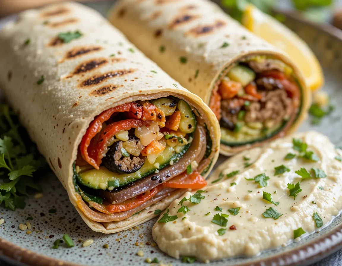 Grilled veggie wraps with hummus on a ceramic plate, filled with colorful grilled zucchini, bell peppers, onions, and eggplant.
