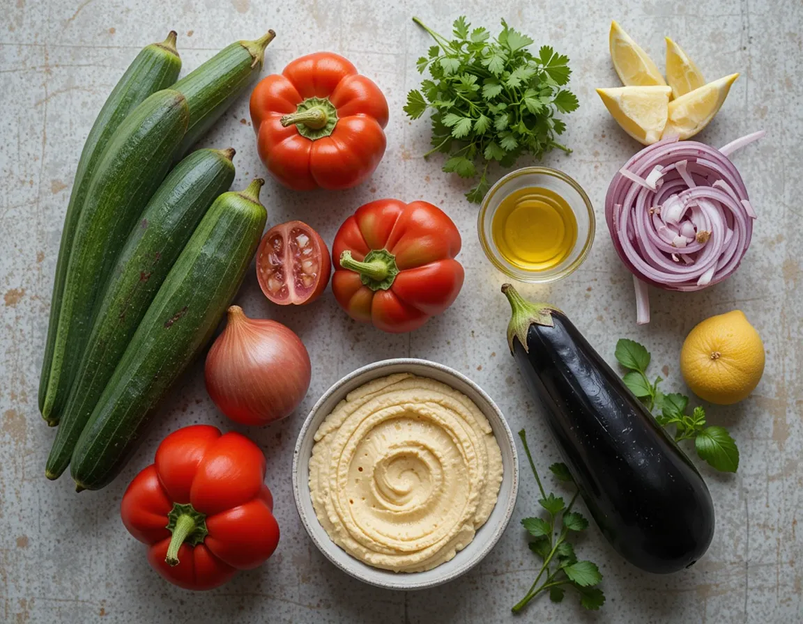 Key ingredients for grilled veggie wraps with hummus including fresh zucchini, red bell peppers, red onions, eggplant, hummus, lemon wedges, and herbs.