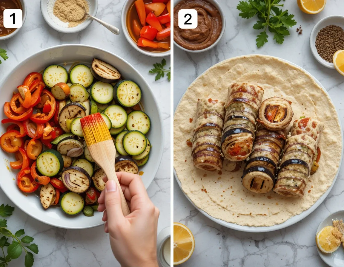 Tips for making grilled veggie wraps with hummus, including brushing vegetables with oil and spreading hummus before rolling.