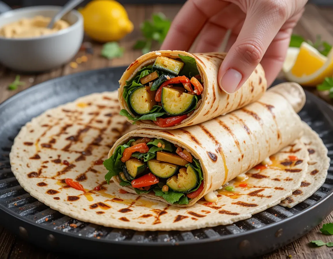 Mouthwatering close-up of a grilled veggie wrap with hummus, sliced open to reveal layers of smoky charred vegetables, creamy hummus, and fresh greens on a golden tortilla, styled with rustic ingredients.