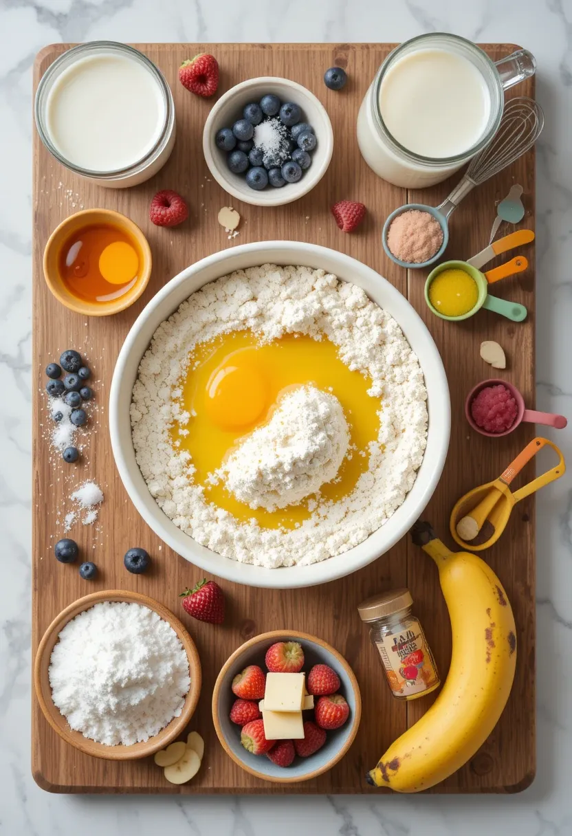 Flat lay of pancake ingredients including flour, eggs, milk, baking powder, vanilla, and fresh summer fruits on a kitchen counter.