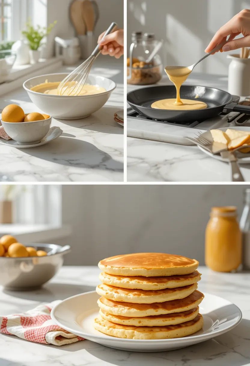 Step-by-step visuals showing pancake batter being mixed, poured onto a pan, flipped, and stacked on a plate in a bright kitchen.