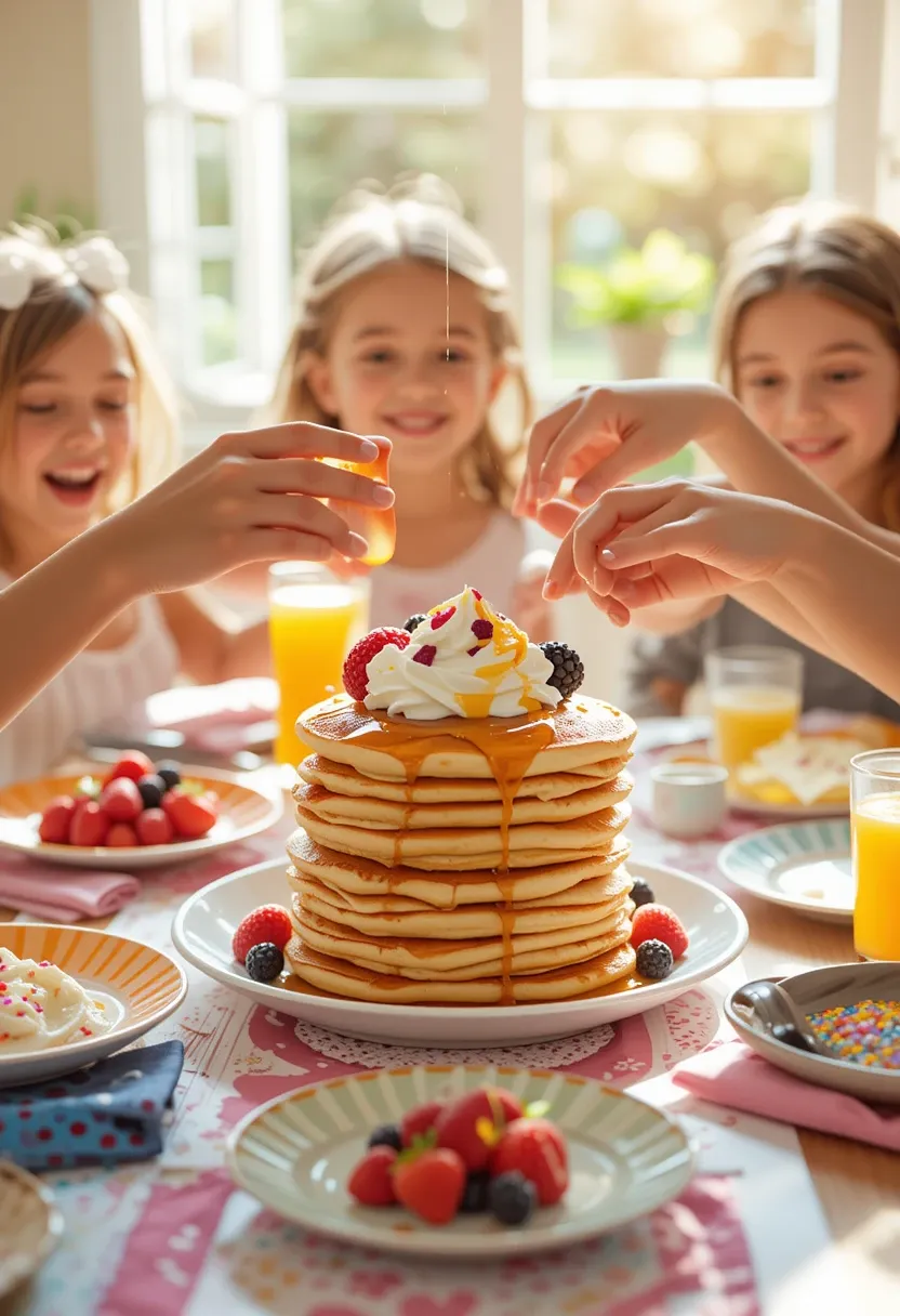 Summer breakfast table with a stack of pancakes and kids’ hands reaching in for toppings like syrup, berries, and whipped cream.