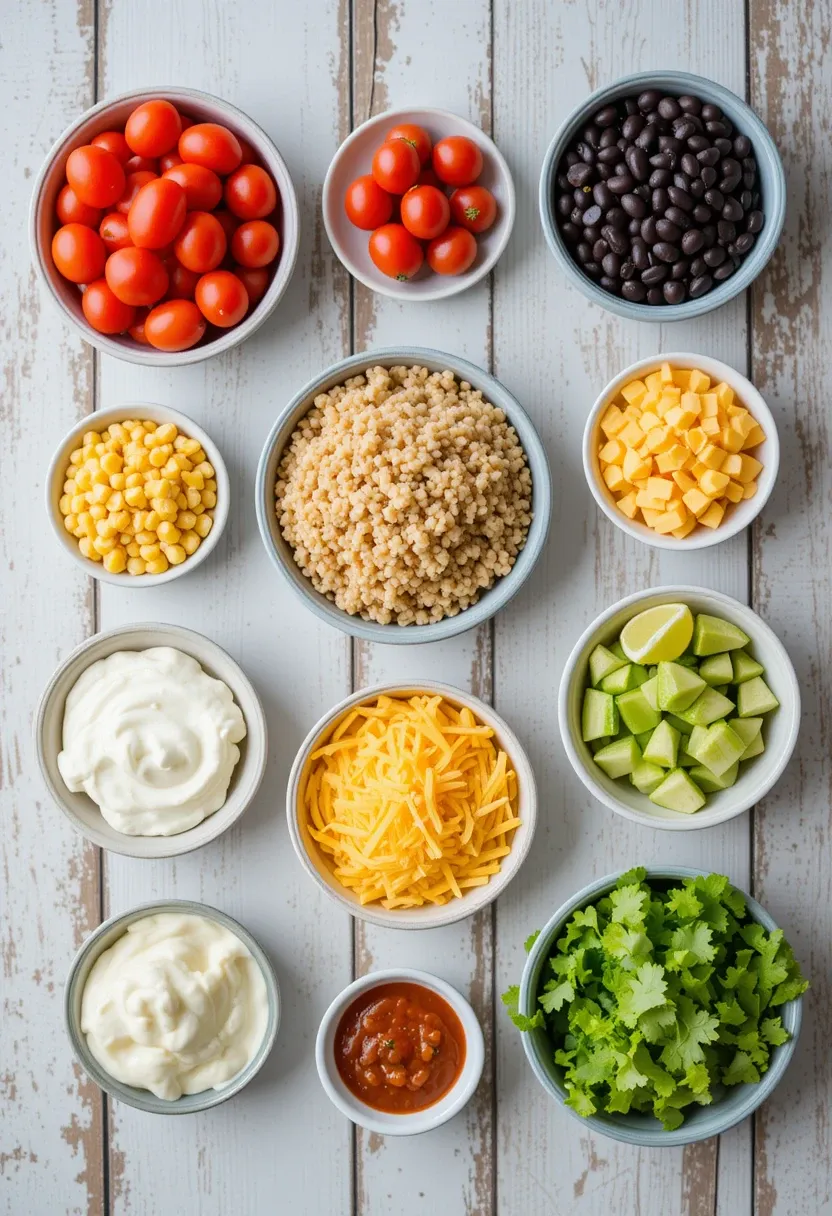 Key ingredients for a Black Bean Taco Bowl displayed on a flat surface