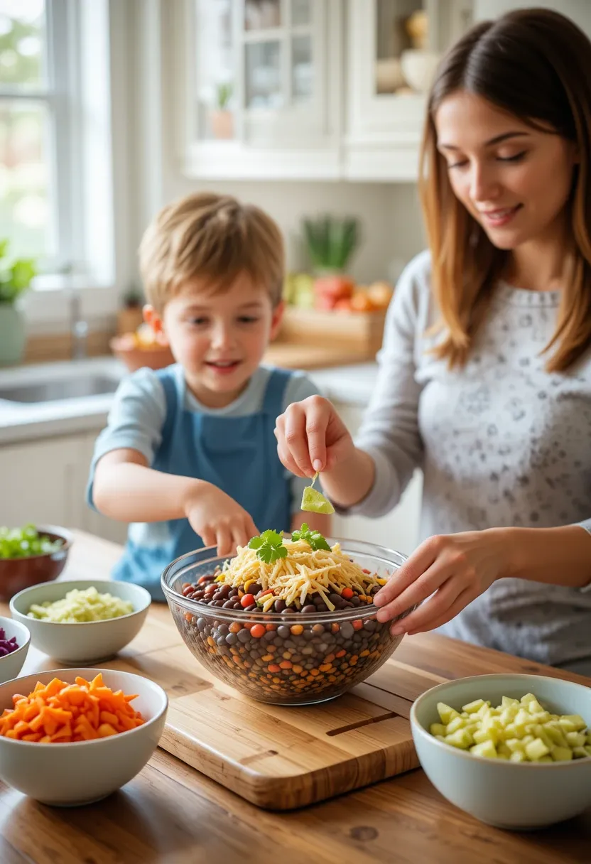 Parent and child preparing a Black Bean Taco Bowl with fresh toppings