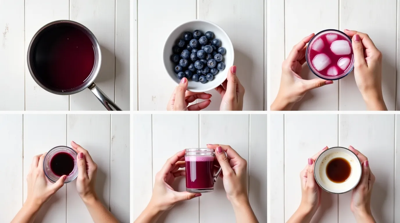 Step-by-step process of making a blueberry latte from blueberry syrup to milk and espresso in a clear glass.