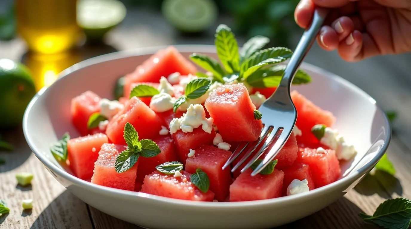 Juicy watermelon feta salad with mint in a white bowl, drizzled with olive oil on a rustic table